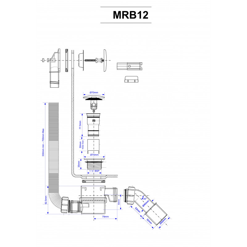 Сифон бутылочный для ванн/поддонов McAlpin MRB12 с выпуском и переливом, нажимной, L700мм, хром
