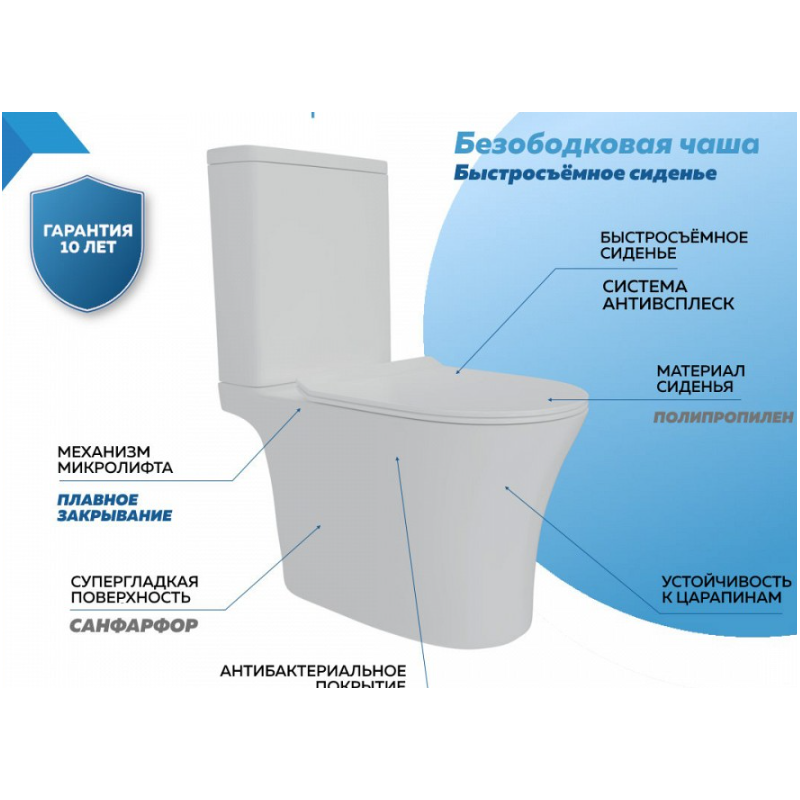 Унитаз‑компакт Quwelle Smooth, безободковый, санфарфор, двойной смыв, сиденье с микролифтом, суперглянцевая поверхность