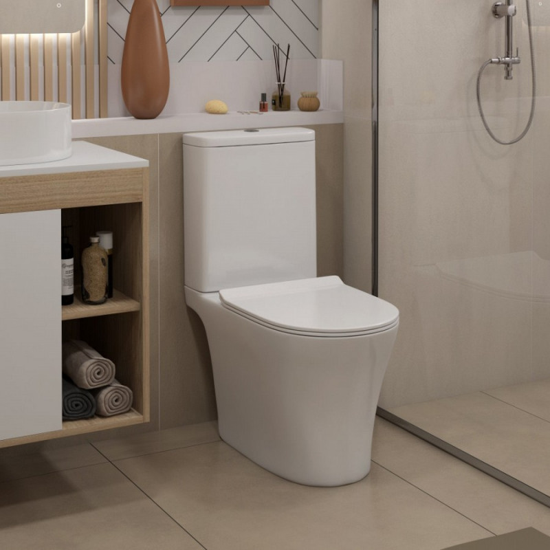 Унитаз‑компакт Quwelle Smooth, безободковый, санфарфор, двойной смыв, сиденье с микролифтом, суперглянцевая поверхность