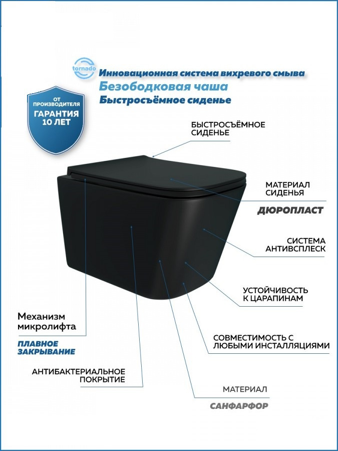 Унитаз подвесной торнадо безободковый Quwelle Black черный матовый