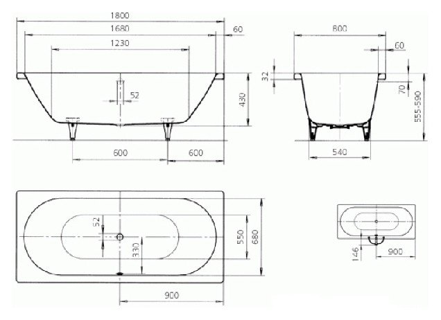 Стальная ванна Kaldewei Classic Duo 180×80, Easy‑Clean, с ножками 5032
