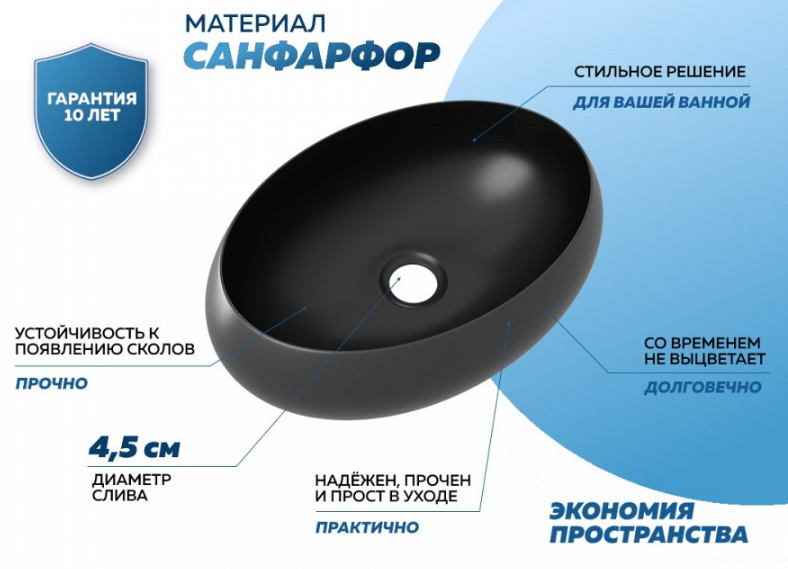 Раковина накладная Quwelle Jug 48, чёрный матовый, санфарфор