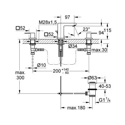 Смеситель для раковины на три отверстия, S-Size, Eurocube, Grohe