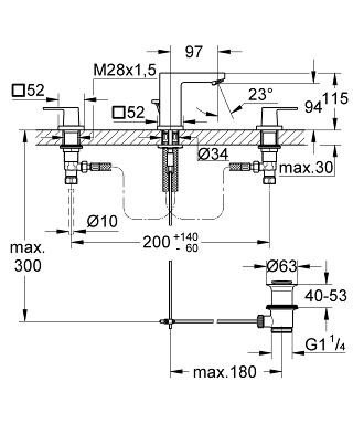Смеситель для раковины на три отверстия, S-Size, Eurocube, Grohe