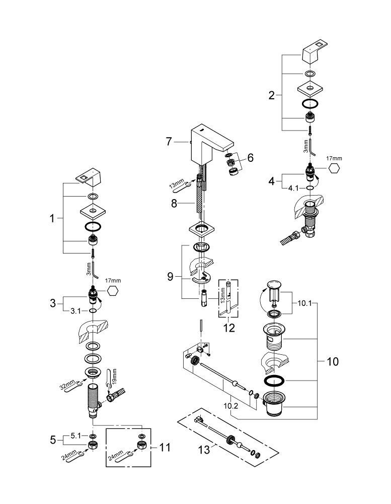 Смеситель для раковины на три отверстия, S-Size, Eurocube, Grohe