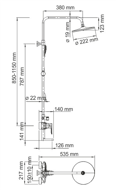 A16601 Душевой комплект со смесителем для ванны, 85/120 x 53,5 см, WasserKRAFT