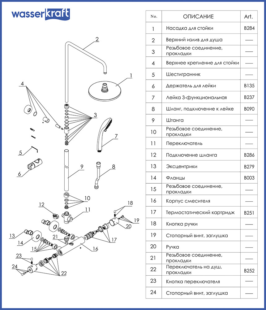 A13302 Thermo Душевой комплект со смесителем для душа, 106/144х60 см, WasserKRAFT