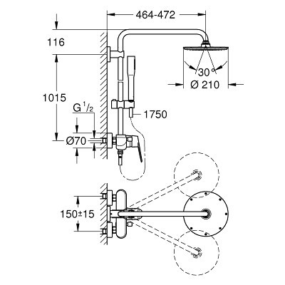 Душевая система с однорычажным смесителем настенного монтажа Euphoria Eurodisc Cosmopolitan System 210, Grohe