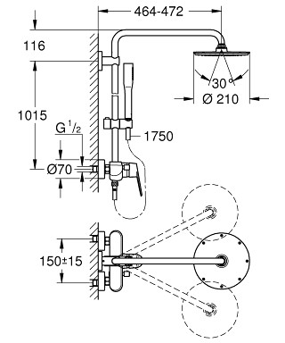 Душевая система с однорычажным смесителем настенного монтажа Euphoria Eurodisc Cosmopolitan System 210, Grohe