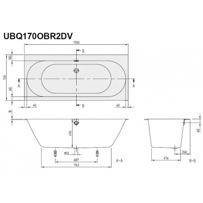 Ванна 170 x 75 Oberon 2.0 UBQ170OBR2DV, с ножками, Villeroy & Boch