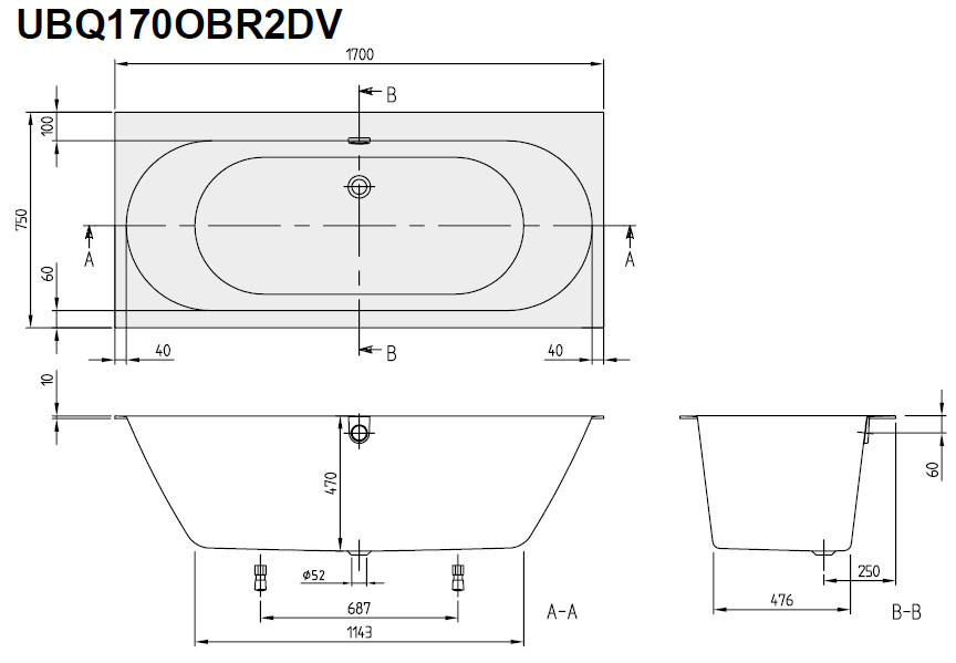 Ванна 170 x 75 Oberon 2.0 UBQ170OBR2DV, с ножками, Villeroy & Boch