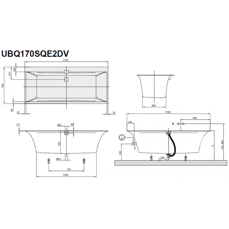 Ванна прямоугольная 170x75см Villeroy&Boch Squaro Edge 12 Альпийский белый, UBQ170SQE2DV