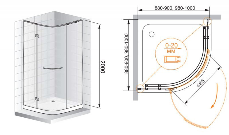Душевой уголок 100х100x200см BERGAMO-W-R-1-100-ARCO-C-Cr-L-IV, Cezares
