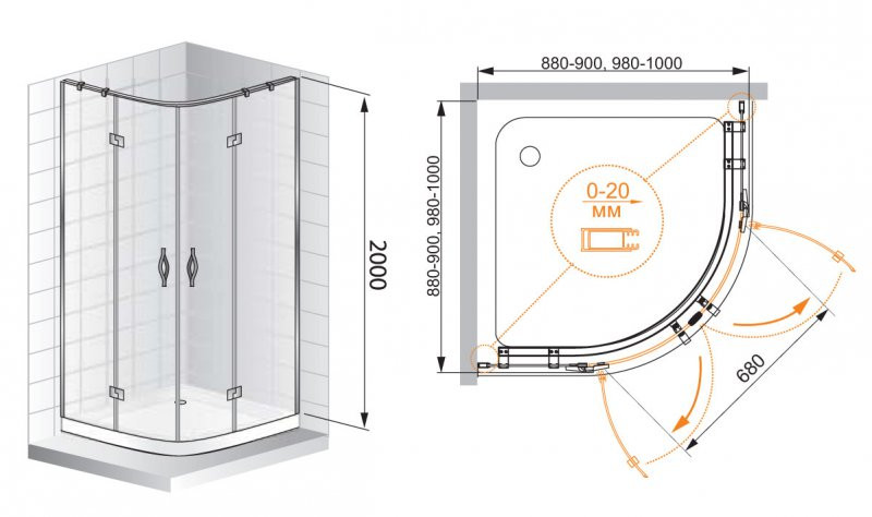 Душевой уголок 90х90x200см BERGAMO-W-R-2-90-ARCO-C-Cr-IV, Cezares