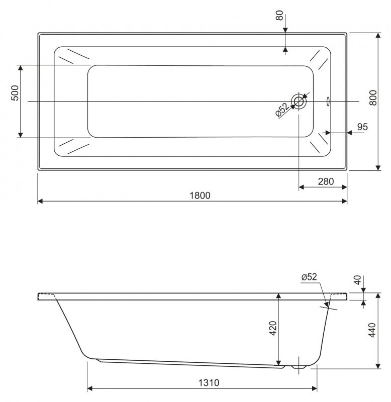 Акриловая ванна 180х80х42см Cezares PLANE SOLO MINI-180-80-42-W37