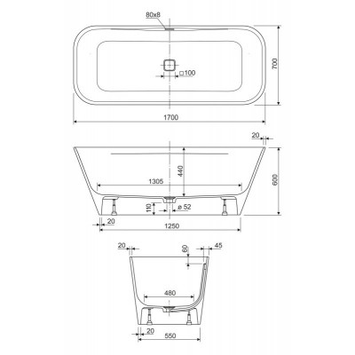 Ванна из литьевого мрамора 170х70х57см, TITAN-SQUARE-170-70-57, Cezares
