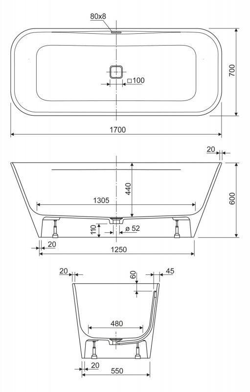 Ванна из литьевого мрамора 170х70х57см, TITAN-SQUARE-170-70-57, Cezares