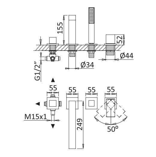 Смеситель на борт ванны, PORTA-BVDM4-BIO, Cezares