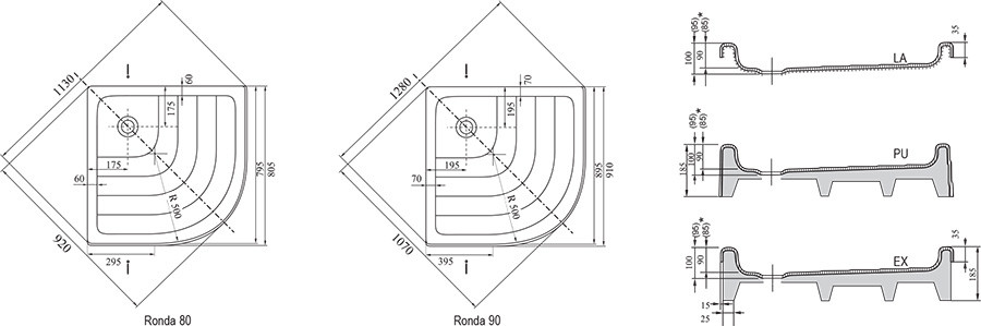Душевой поддон 80x80 акриловый, полукруглый, Kaskada Ronda-80 EX, Ravak A204001320