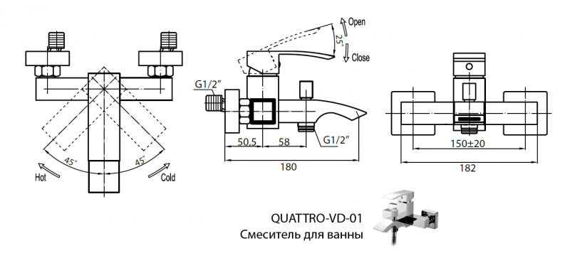 Смеситель для ванны и душа хром, QUATTRO-C-VD-01, Cezares