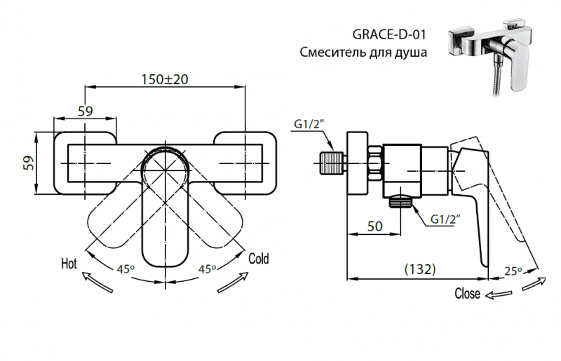 Смеситель для душа хром, GRACE-C-D-01, Cezares