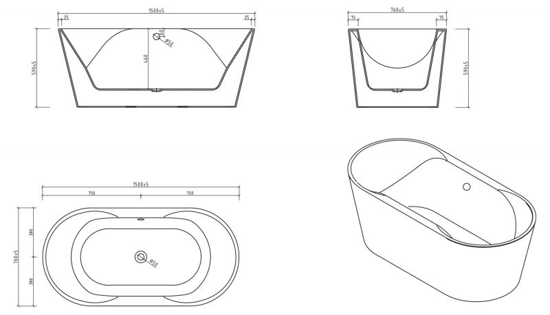 Ванна 150x76х59см отдельностоящая акриловая, BB200-1500-750, Belbagno