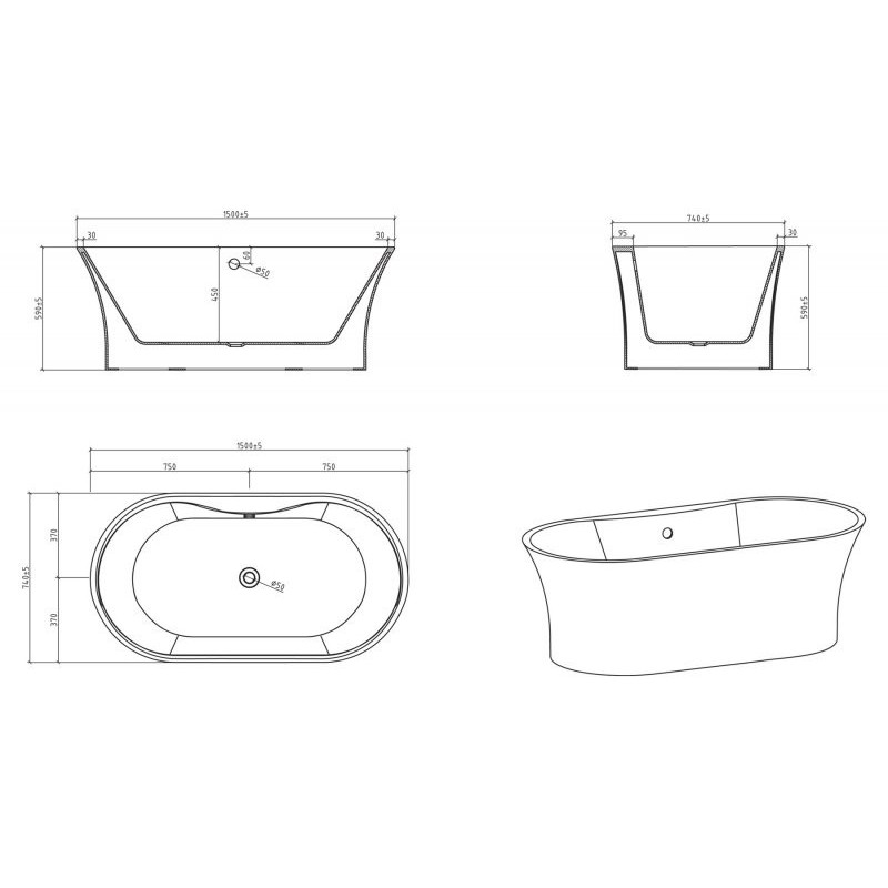 Ванна 150x74х59см отдельностоящая акриловая, BB201-1500-800, Belbagno