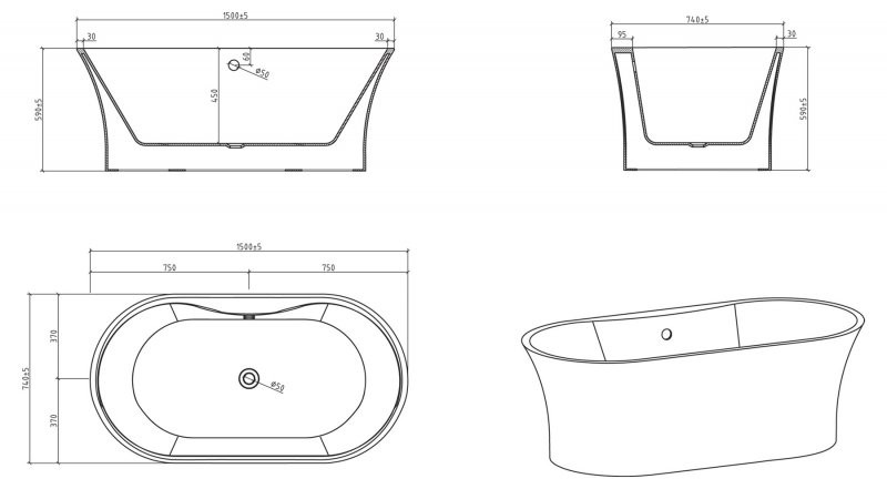 Ванна 150x74х59см отдельностоящая акриловая, BB201-1500-800, Belbagno