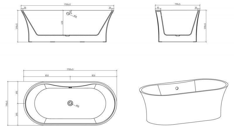 Ванна 170x79х59см отдельностоящая акриловая, BB201-1700-800, Belbagno