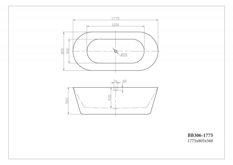Ванна 167x78х57см отдельностоящая акриловая, BB306-1675, Belbagno
