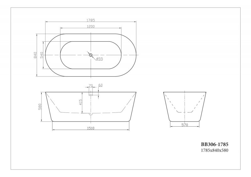Ванна 177x80х56см отдельностоящая акриловая, BB306-1775, Belbagno