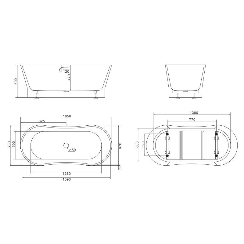 Ванна 165x73х60см отдельностоящая акриловая, BB406-1650-730, Belbagno