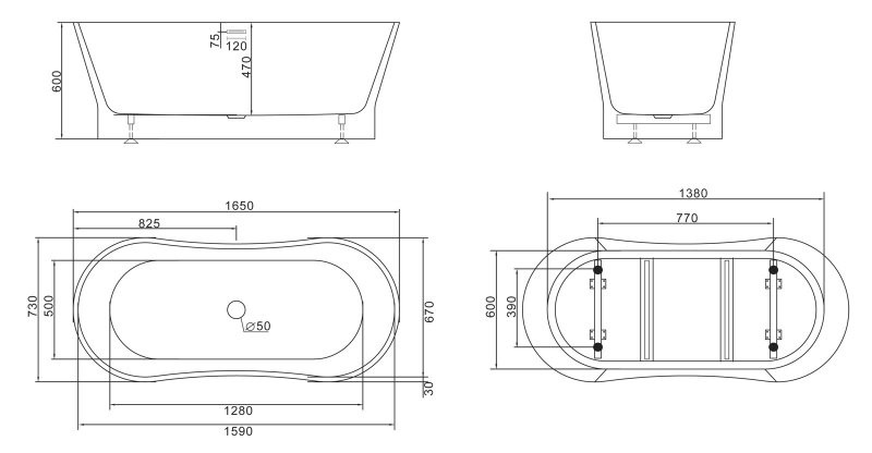 Ванна 165x73х60см отдельностоящая акриловая, BB406-1650-730, Belbagno