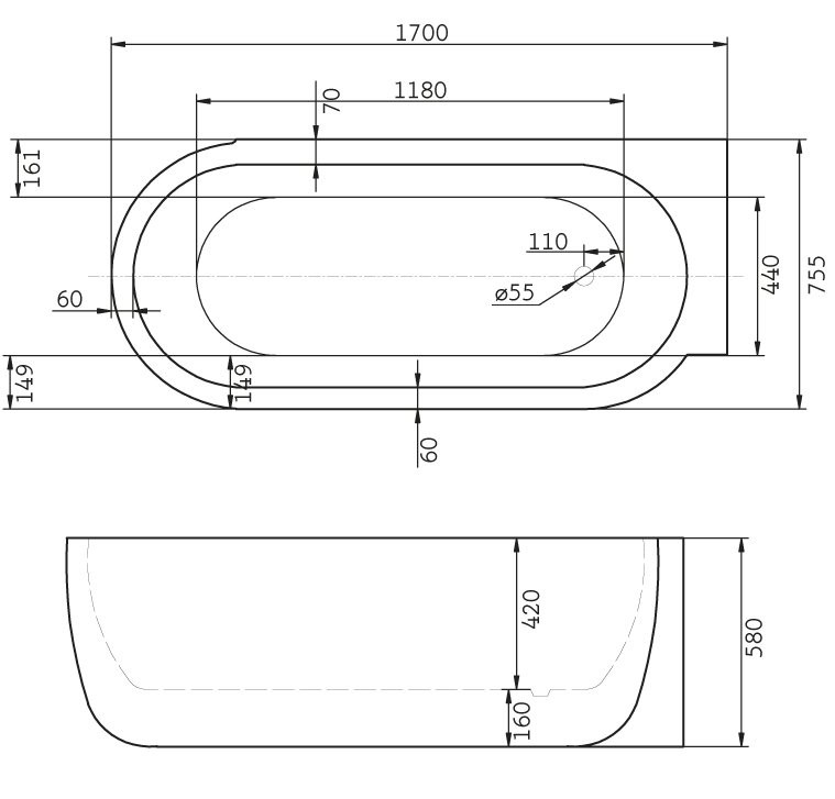 Ванна 170x80х60см Belbagno BB11-1700R отдельностоящая акриловая правая