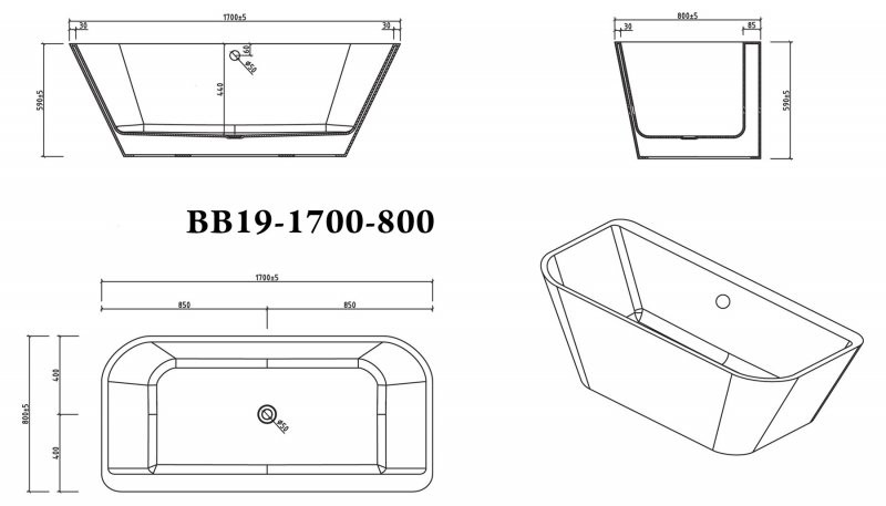 Ванна 170x80х59см отдельностоящая акриловая, BB19-1700-800, Belbagno