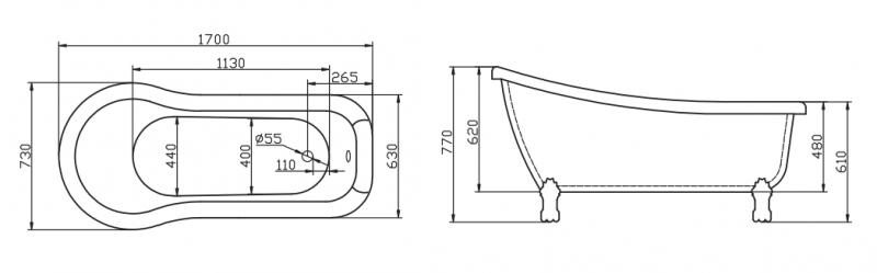 Ванна 168x72х77см отдельностоящая акриловая, BB20-1700, Belbagno