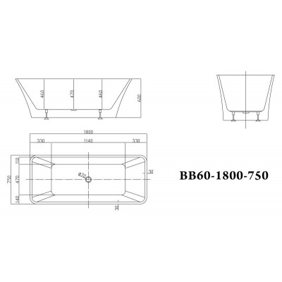 Ванна 180x75х60см отдельностоящая акриловая, BB60-1800-750, Belbagno