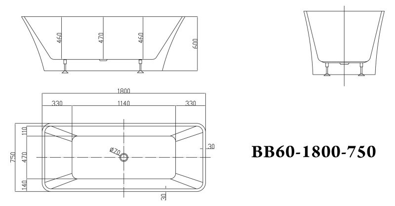 Ванна 180x75х60см отдельностоящая акриловая, BB60-1800-750, Belbagno
