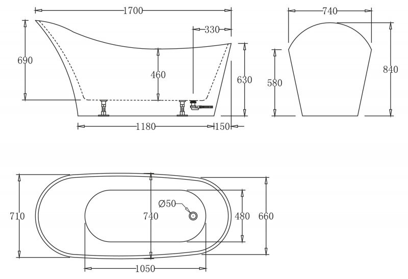 Ванна 170x74х84см отдельностоящая акриловая, BB64-1700, Belbagno