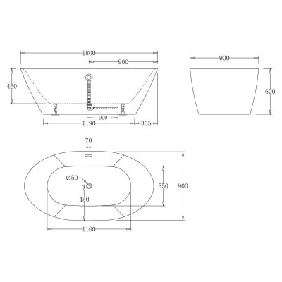 Ванна 180x90х60см отдельностоящая акриловая, BB68-1800, Belbagno