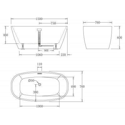 Ванна акриловая 150x76х60см отдельностоящая Belbagno BB72-1500