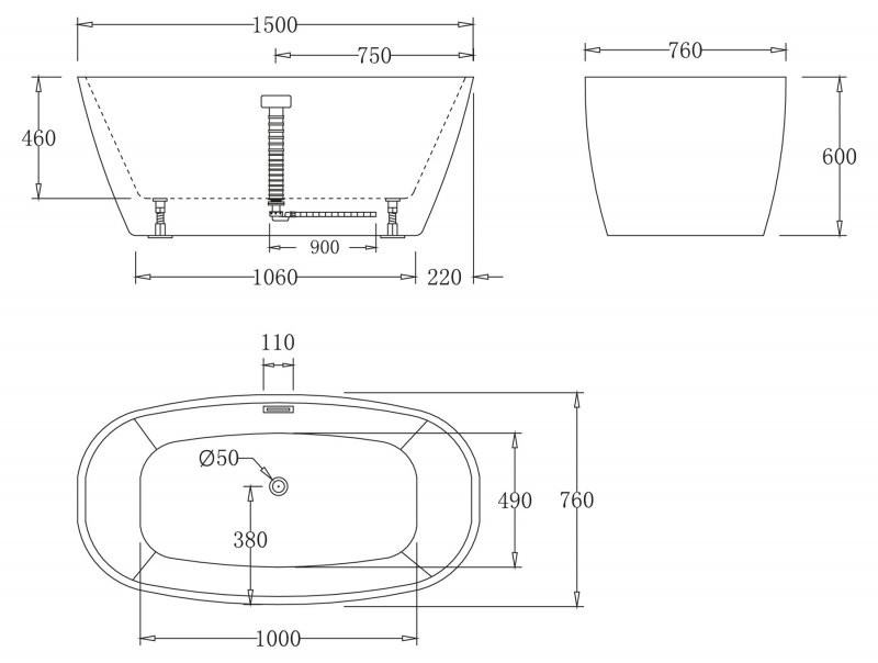 Ванна акриловая 150x76х60см отдельностоящая Belbagno BB72-1500