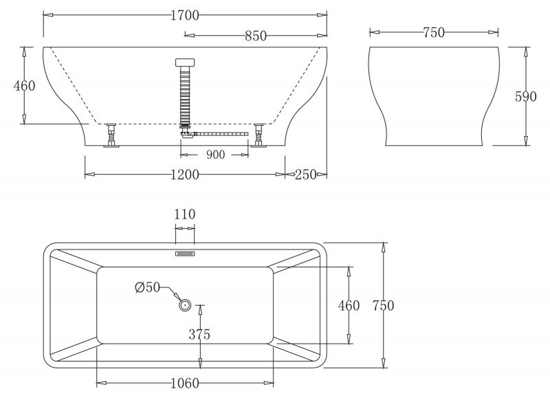 Ванна 170x75х60см отдельностоящая акриловая, BB73-1700, Belbagno