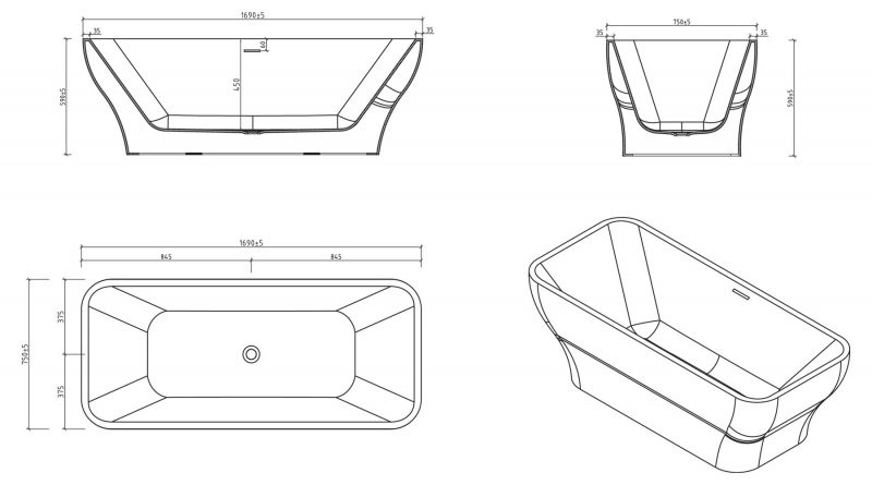 Ванна 170x75х59см отдельностоящая акриловая, BB73-1700-750, Belbagno