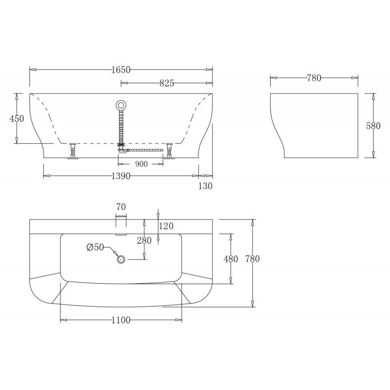 Ванна 165x78х59см Belbagno BB74-1650-W0 пристенная акриловая, белая, без перелива