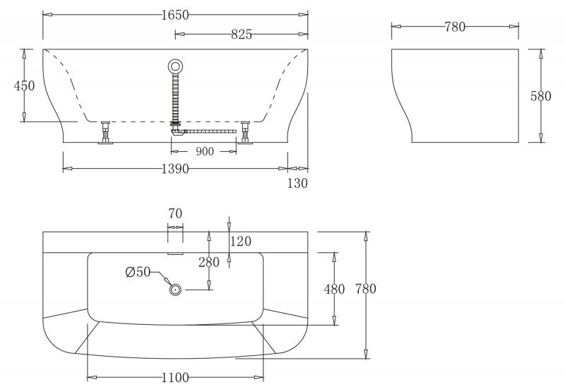 Ванна 165x78х59см Belbagno BB74-NERO-W0 пристенная акриловая, матовая черная, без перелива