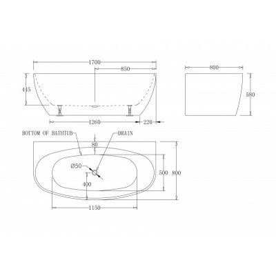 Ванна 170x80х58см пристенная акриловая, BB83-1700, Belbagno