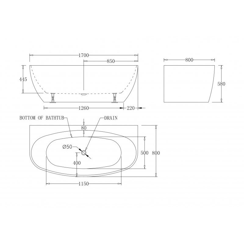 Ванна 170x80х58см пристенная акриловая, BB83-1700, Belbagno