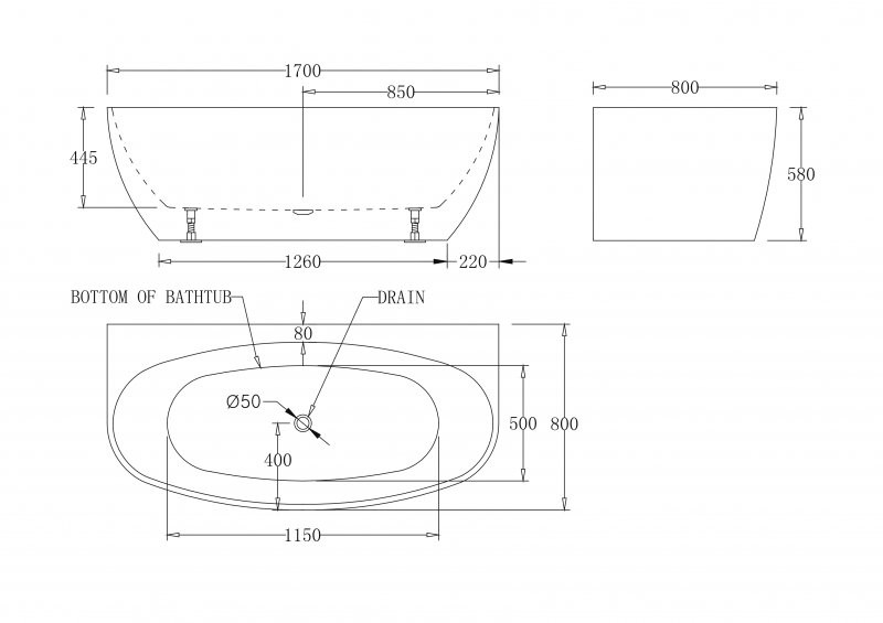Ванна 170x80х58см пристенная акриловая, BB83-1700, Belbagno