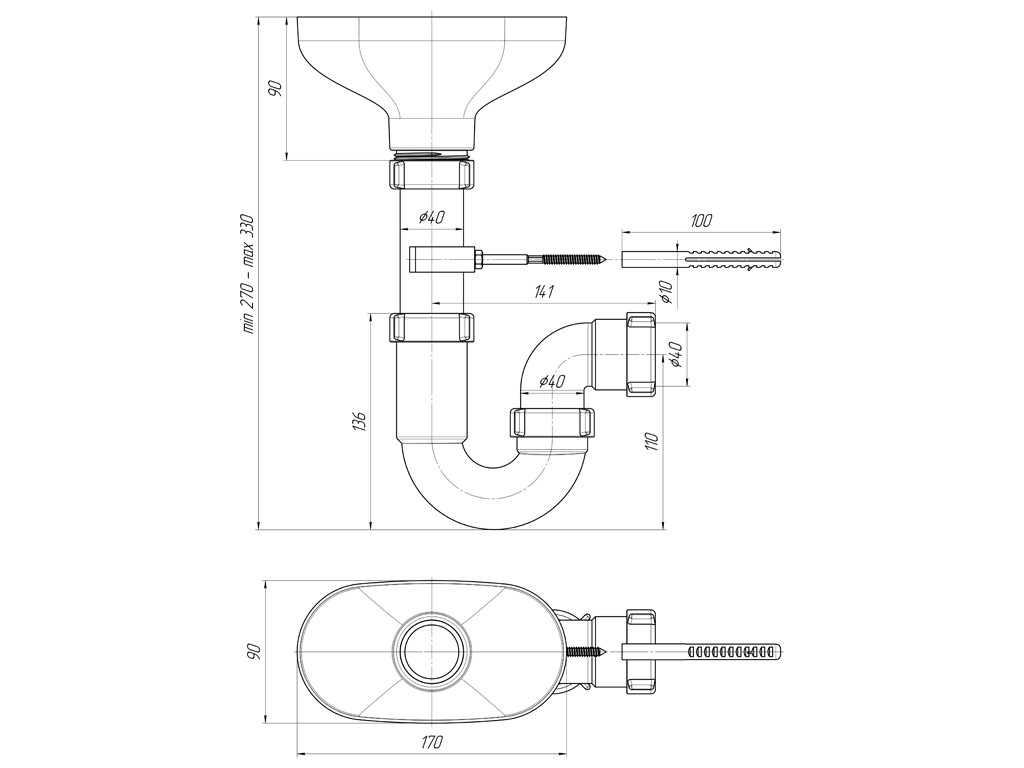 Сифон АНИ 1 DR0100 1/2"*40 прямоточный с разрывом струи